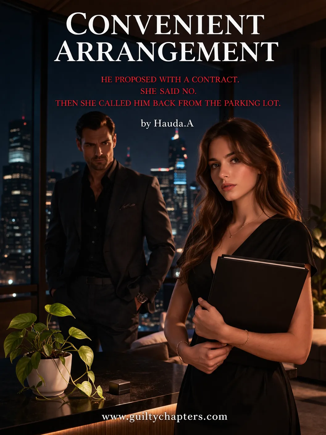 Billionaire romance scene in penthouse with contract marriage tension between wealthy man and woman