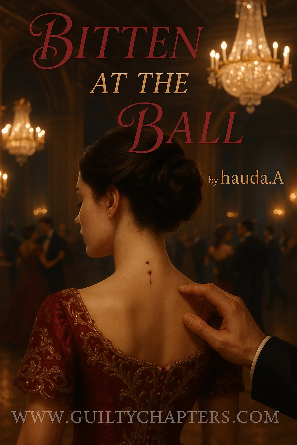 Compelling book cover for Bitten at the ball, a serialized shifter romance story on Guilty Chapters.