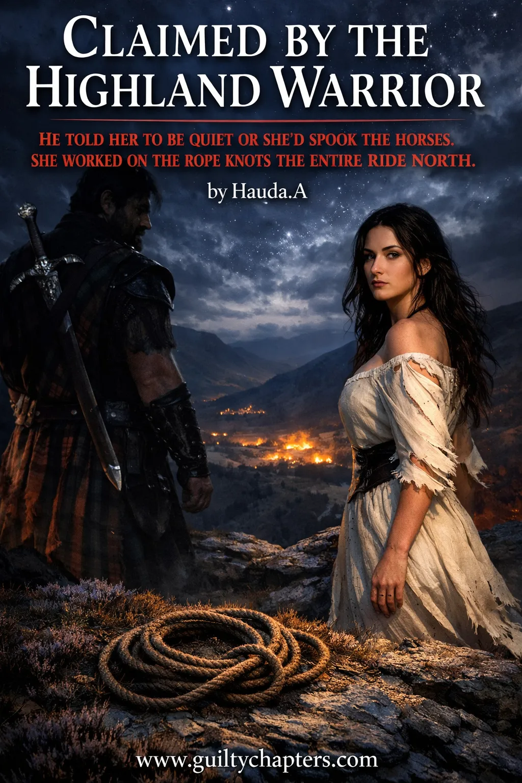 A historical romance novel book cover titled "Claimed by the Highland Warrior," featuring a rugged Scottish highlander and landscape.