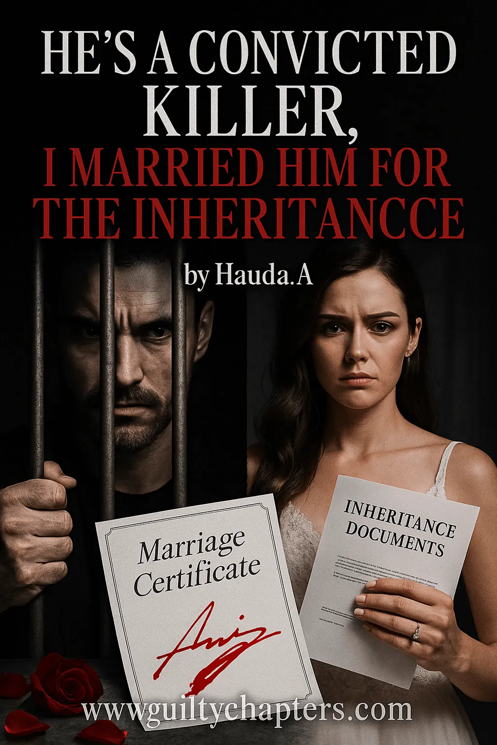 Compelling book cover for He's a Convicted Killer. I Married Him for the Inheritance, a serialized marriage drama, billionaire romance, dark romance story on Guilty Chapters.