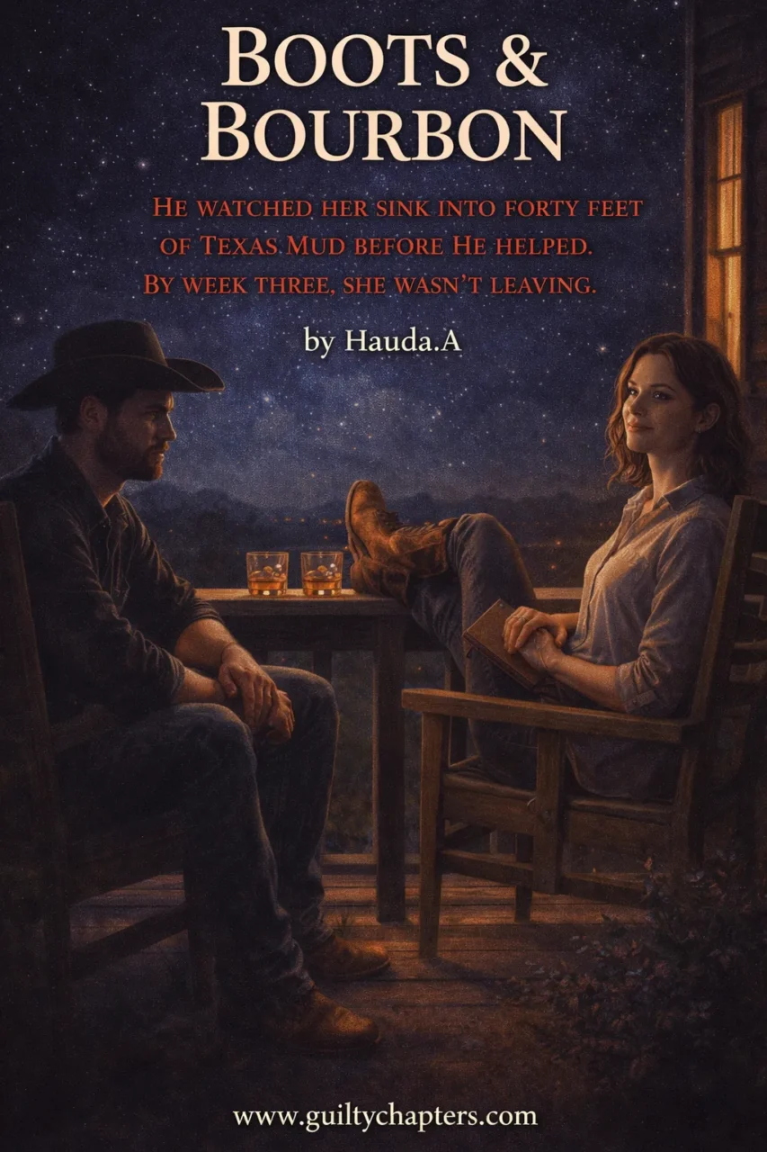 Boots and Bourbon | GuiltyChapters Cowboy romance scene on ranch porch at night with bourbon glasses and slow-burn connection