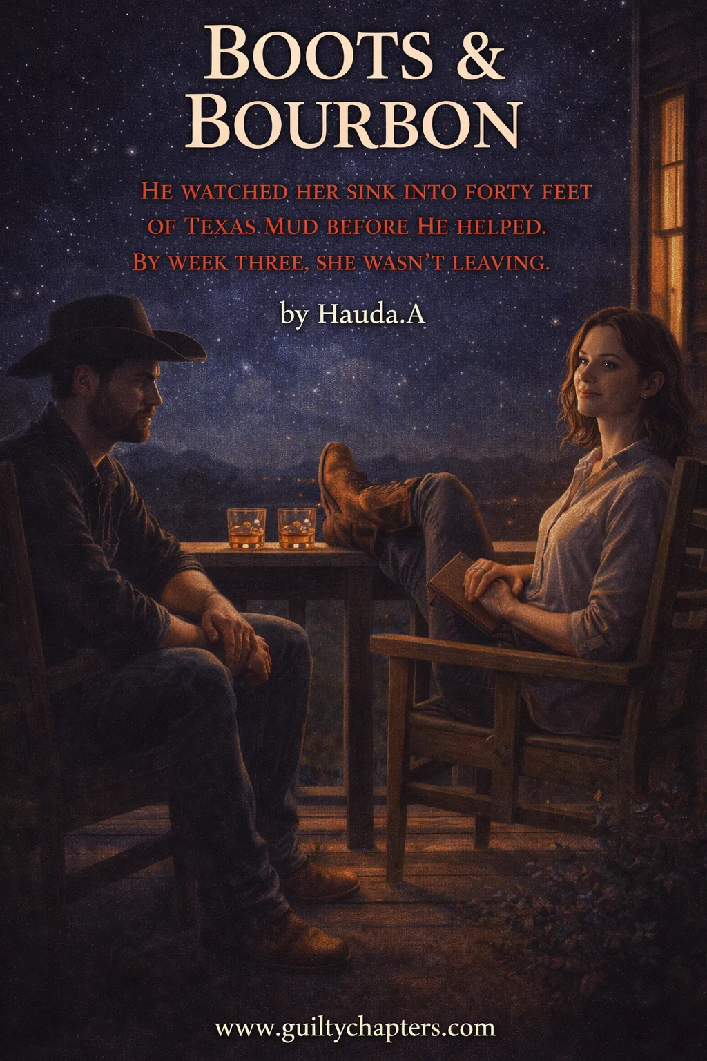 Cowboy romance scene on ranch porch at night with bourbon glasses and slow-burn connection