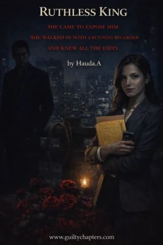 Dark romance scene with powerful man in suit and journalist holding recorder, mafia romance tension