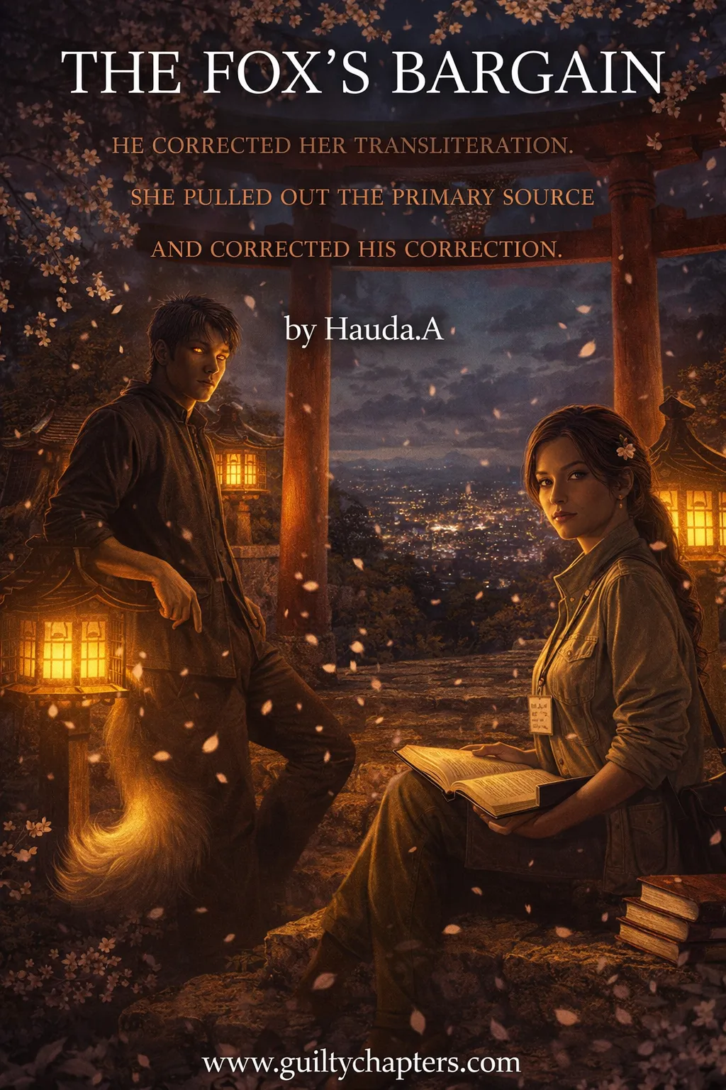 Mysterious shifter romance book cover for 'The Fox's Bargain' on Guilty Chapters, featuring a clever kitsune hero and a forced marriage or magical bargain trope.