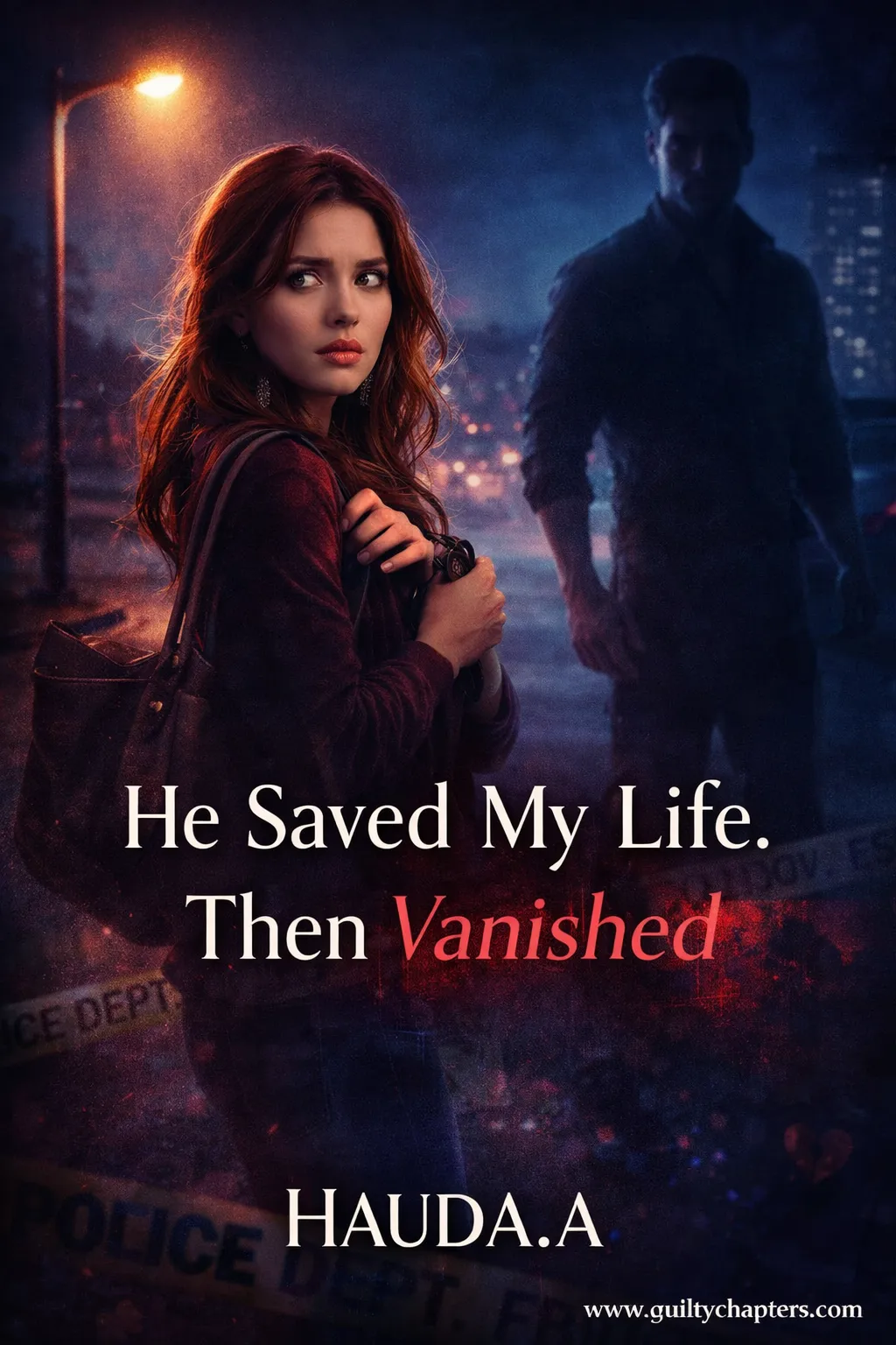 Compelling book cover for He Saved My Life. Then Vanished, a serialized contemporary romance story on Guilty Chapters.