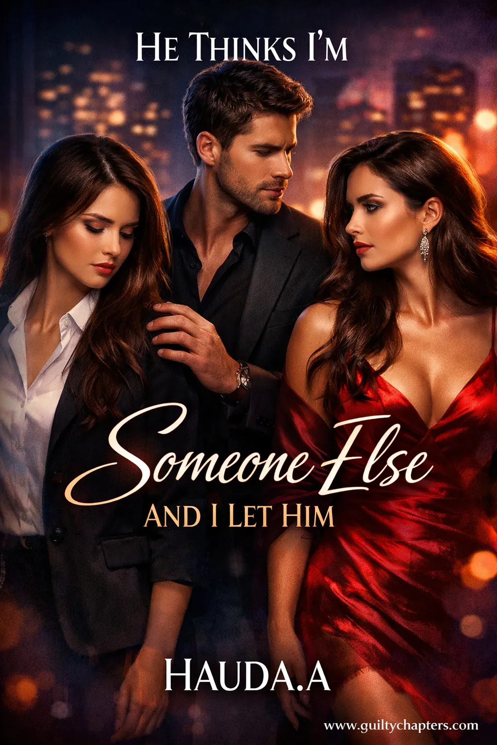 Compelling book cover for He Thinks I'm Someone Else And I Let Him, a serialized contemporary romance story on Guilty Chapters.