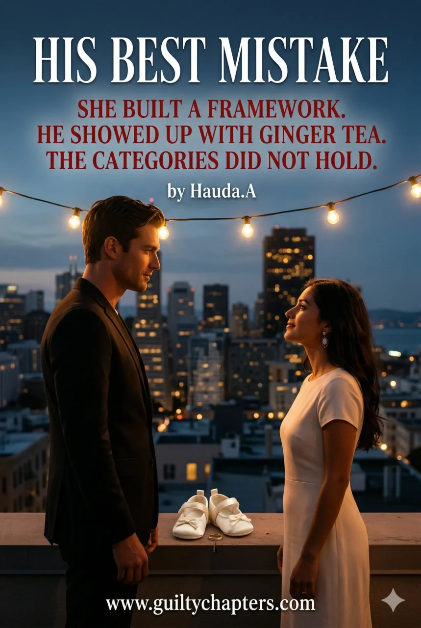 His Best Mistake | GuiltyChapters Romance novel cover for "His Best Mistake" by Hauda.A, featuring a man and woman on a San Francisco rooftop at twilight under string lights; close-up of tiny ivory baby shoes and a wedding ring on the ledge in the foreground.