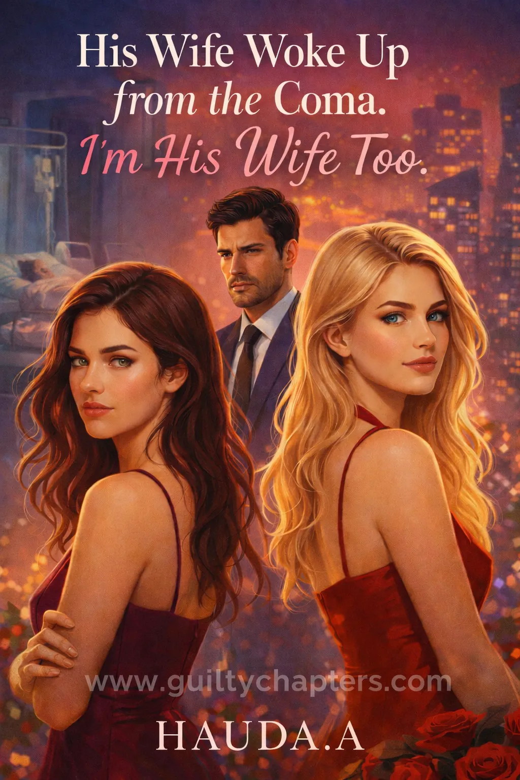 Compelling book cover for His Wife Woke Up from the Coma. I'm His Wife Too, a serialized marriage drama story on Guilty Chapters.