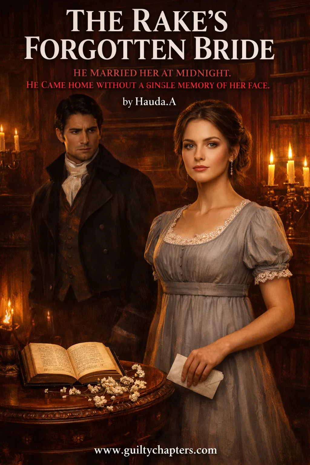 Regency romance scene with woman holding hidden marriage certificate in candlelit library, amnesia love story