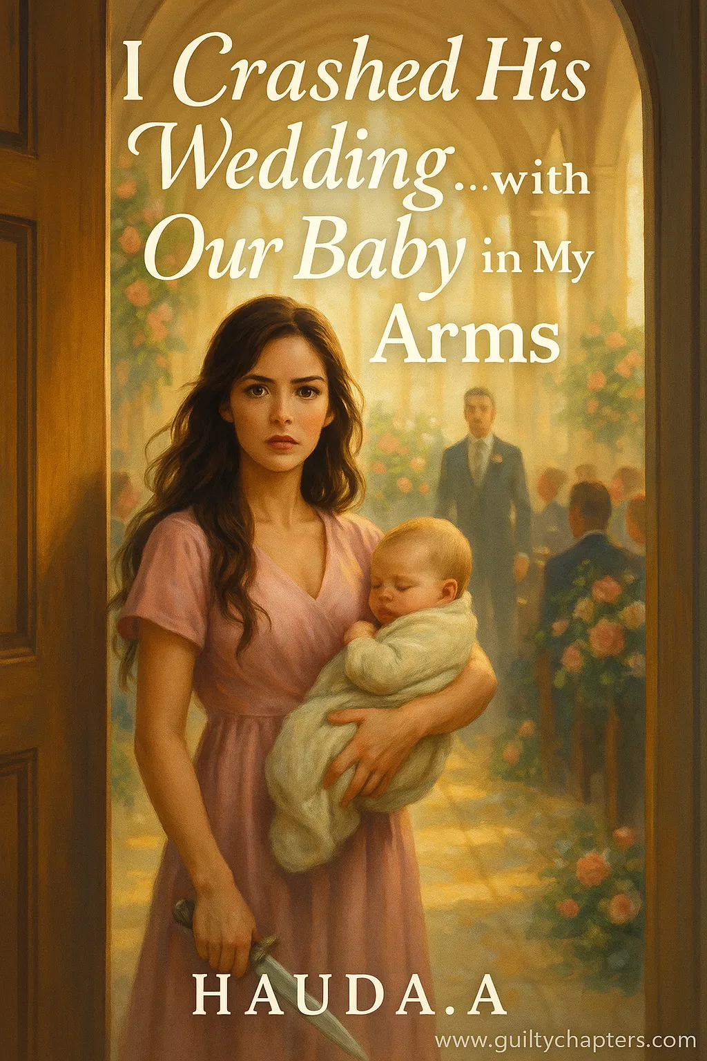 Compelling book cover for I Crashed his Wedding With Our Baby in my Arms, a serialized marriage drama, secret baby story on Guilty Chapters.