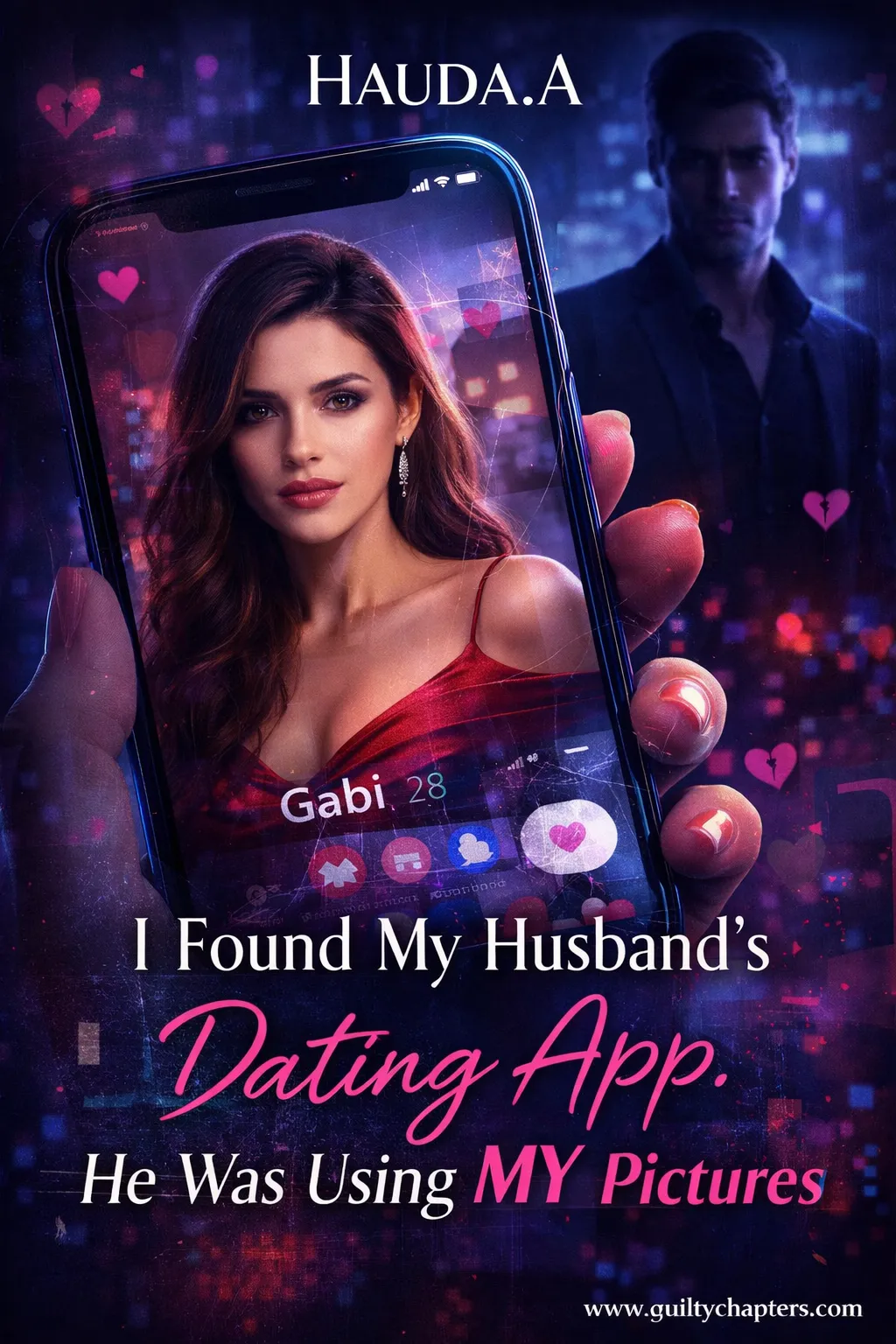 Compelling book cover for I Found My Husband's Dating App. He Was Using MY Pictures, a serialized marriage drama story on Guilty Chapters.