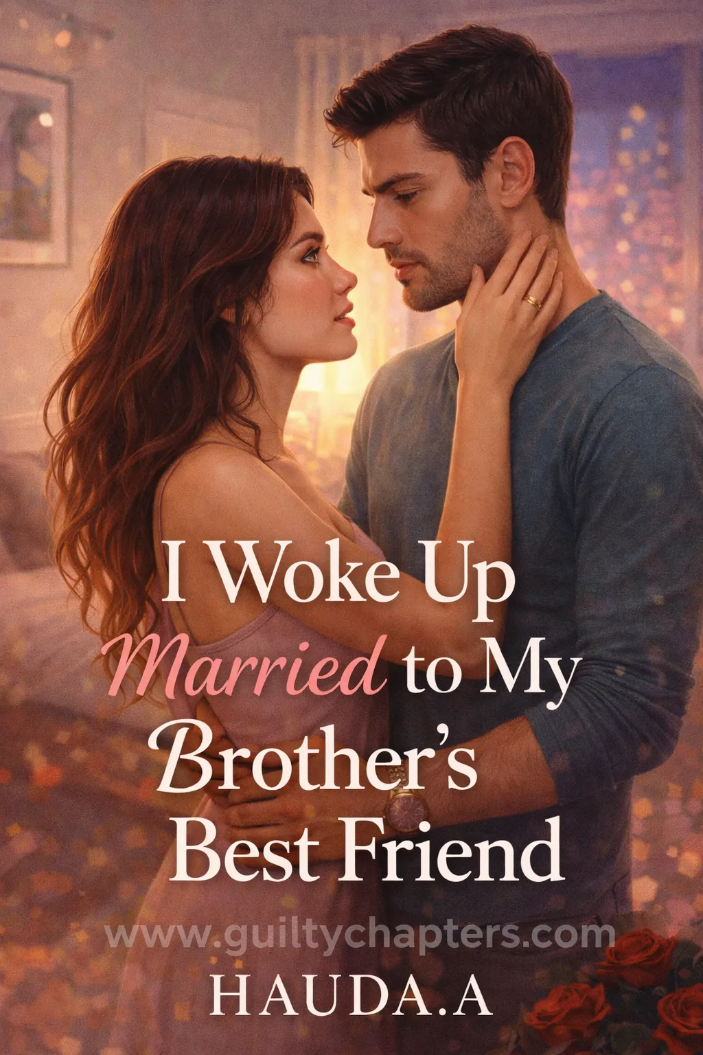 Moody book cover for I Woke Up Married to My Brother's Best Friend, a serialized marriage drama and forbidden romance story on Guilty Chapters featuring a brothers best friend trope.