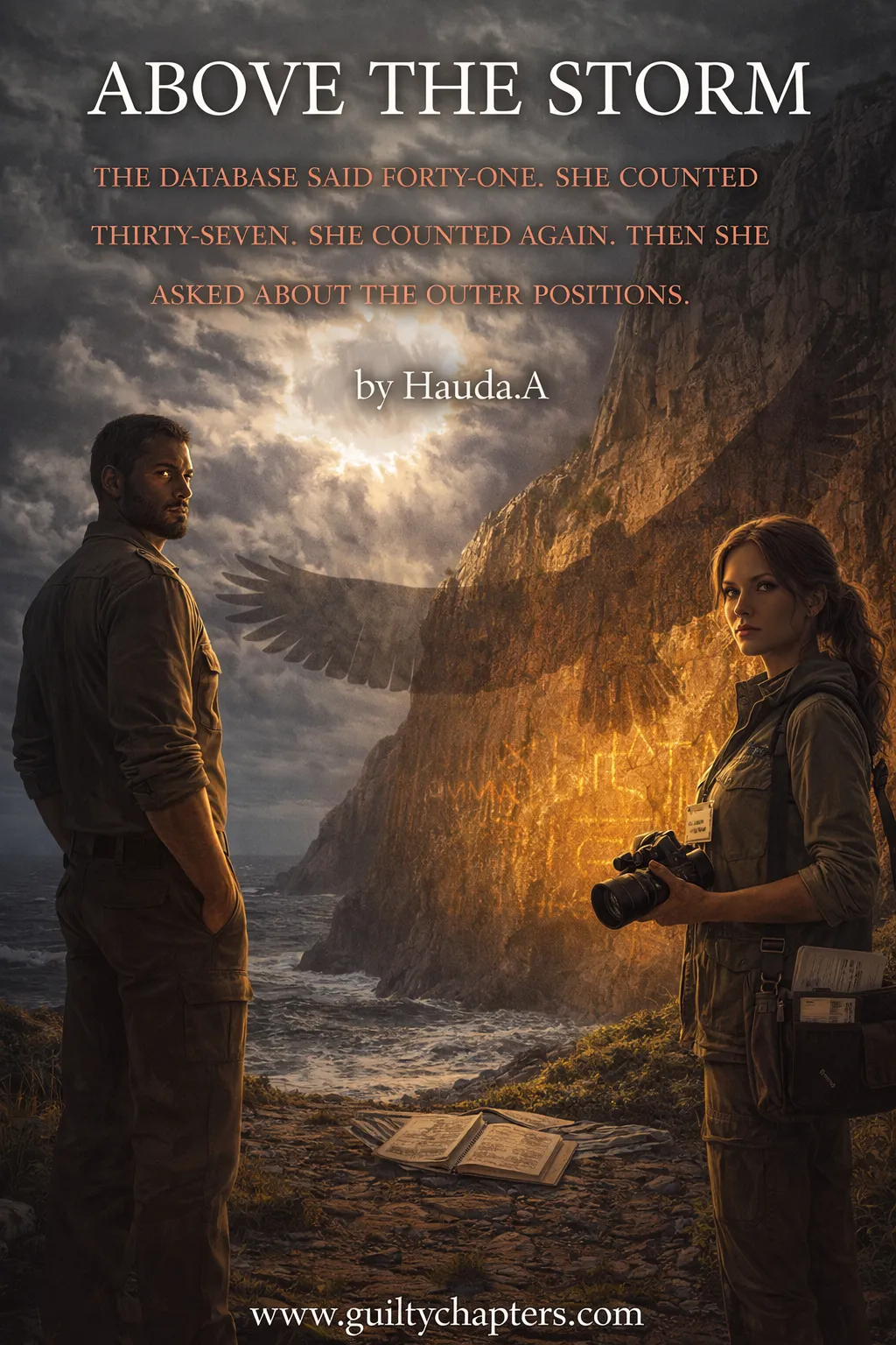 Immortal guardian romance scene on coastal cliff with glowing runes and storm breaking overhead