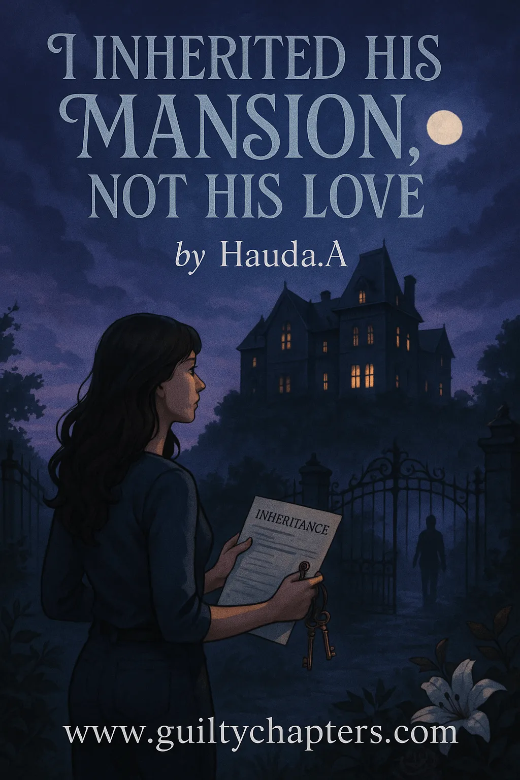 Compelling book cover for I Inherited His Mansion, Not His Love, a serialized contemporary romance, billionaire romance story on Guilty Chapters.