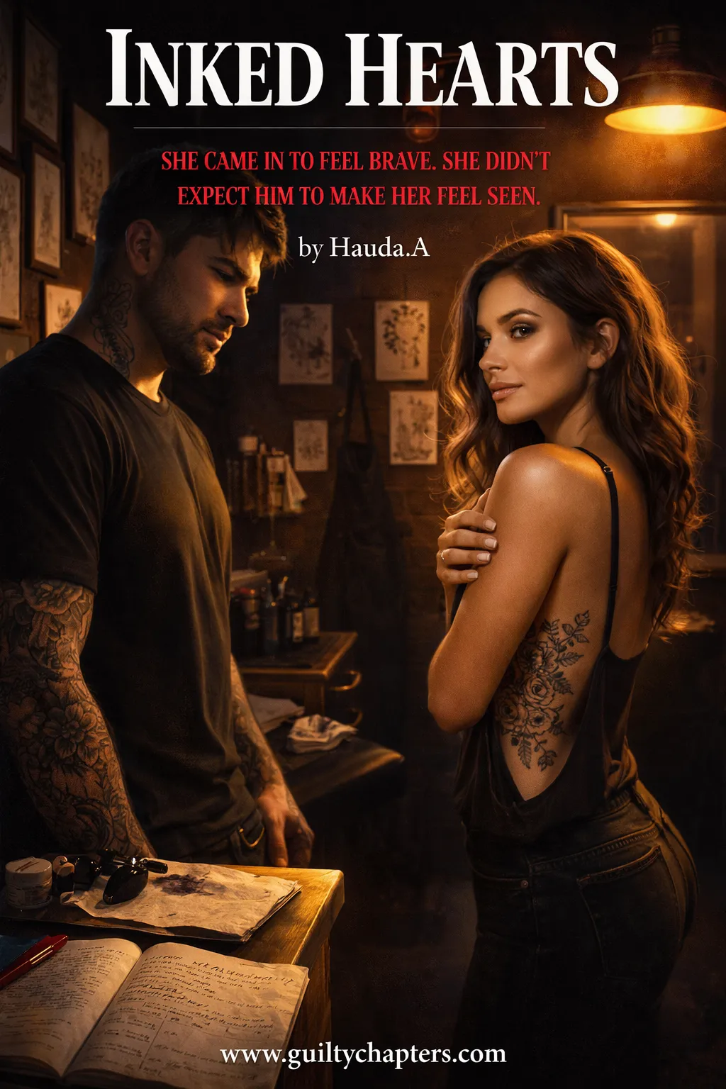 A romance novel book cover titled "Inked Hearts," featuring a tattoo-themed aesthetic and emotive characters.