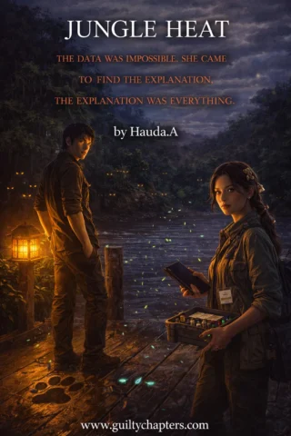 Steamy forced proximity romance book cover for 'Jungle Heat' on Guilty Chapters, featuring a protective mercenary hero and a survival romance trope set in a tropical jungle.