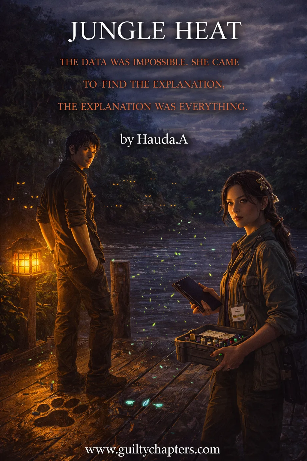 Steamy forced proximity romance book cover for 'Jungle Heat' on Guilty Chapters, featuring a protective mercenary hero and a survival romance trope set in a tropical jungle.