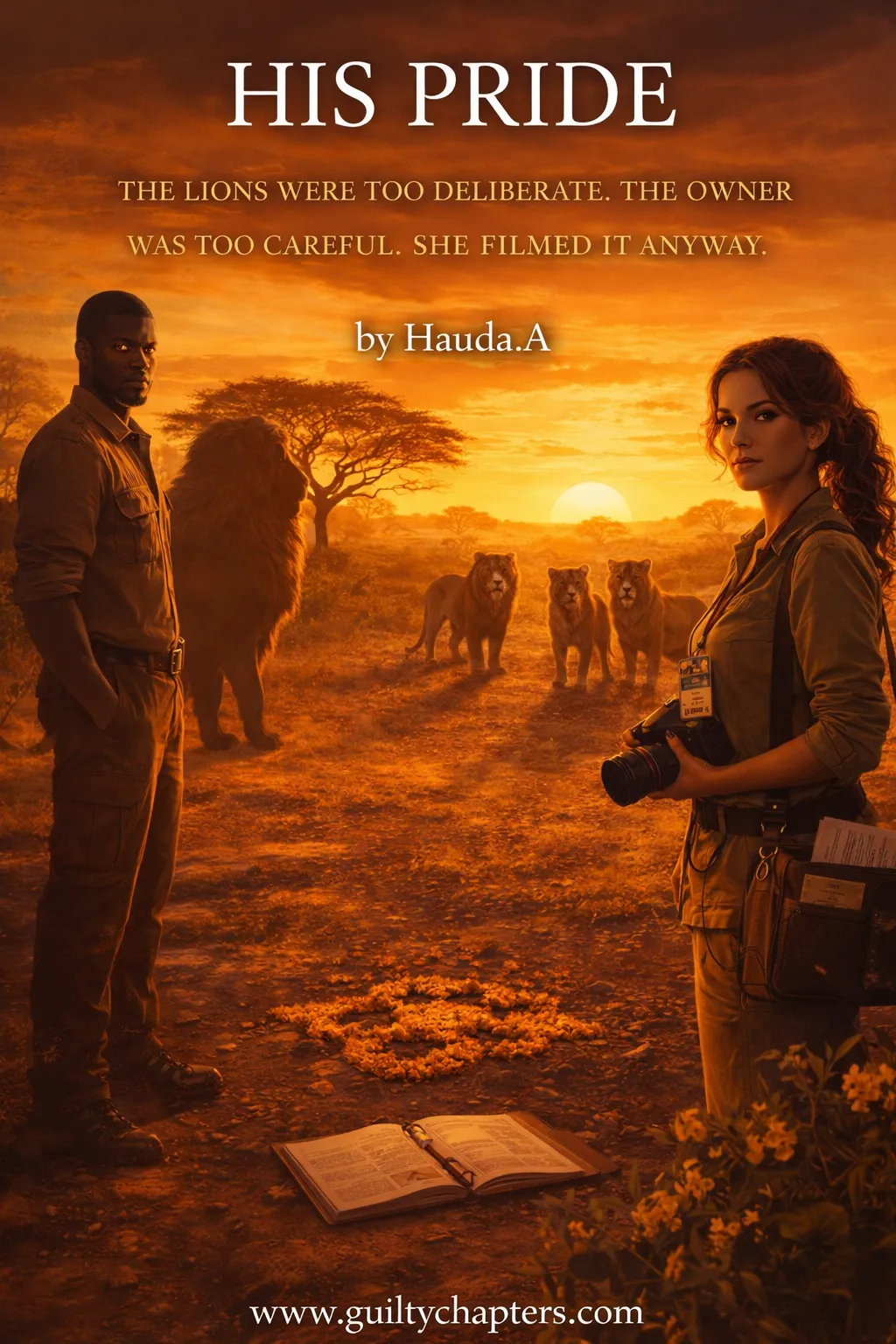 Lion shifter romance scene on African savanna with alpha male and scientist observing lions