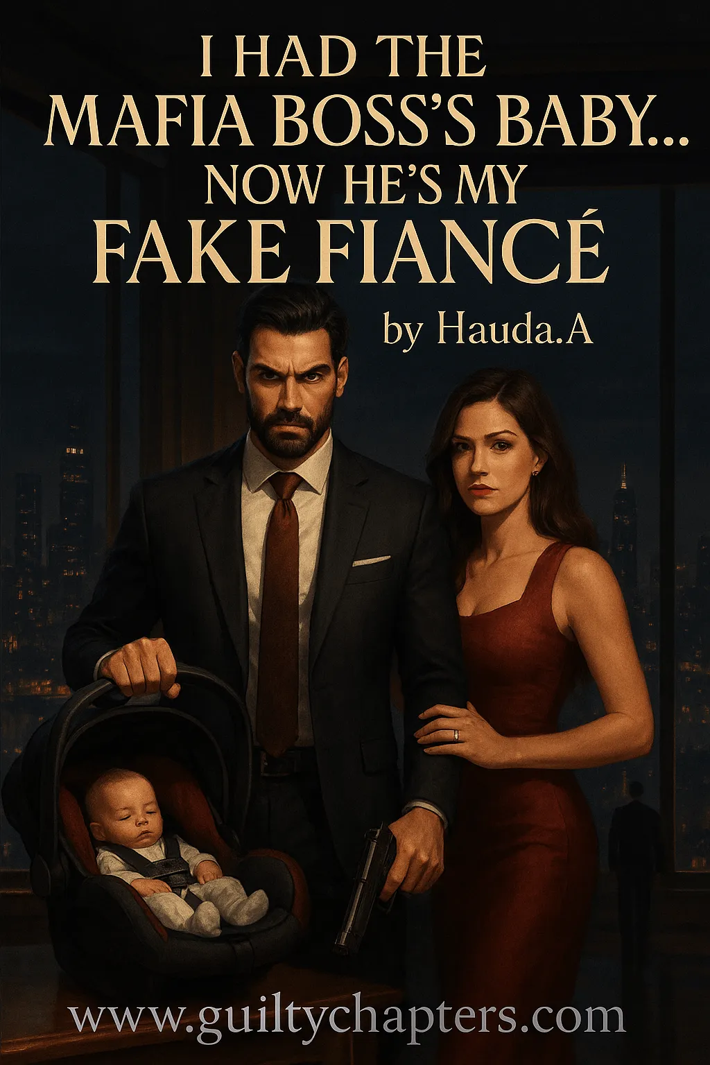 Compelling book cover for I Had the Mafia Boss's Baby...Now He's My Fake Fiancé, a serialized marriage of convenience, dark romance, billionaire romance, fake marriage, marriage drama, secret baby story on Guilty Chapters.