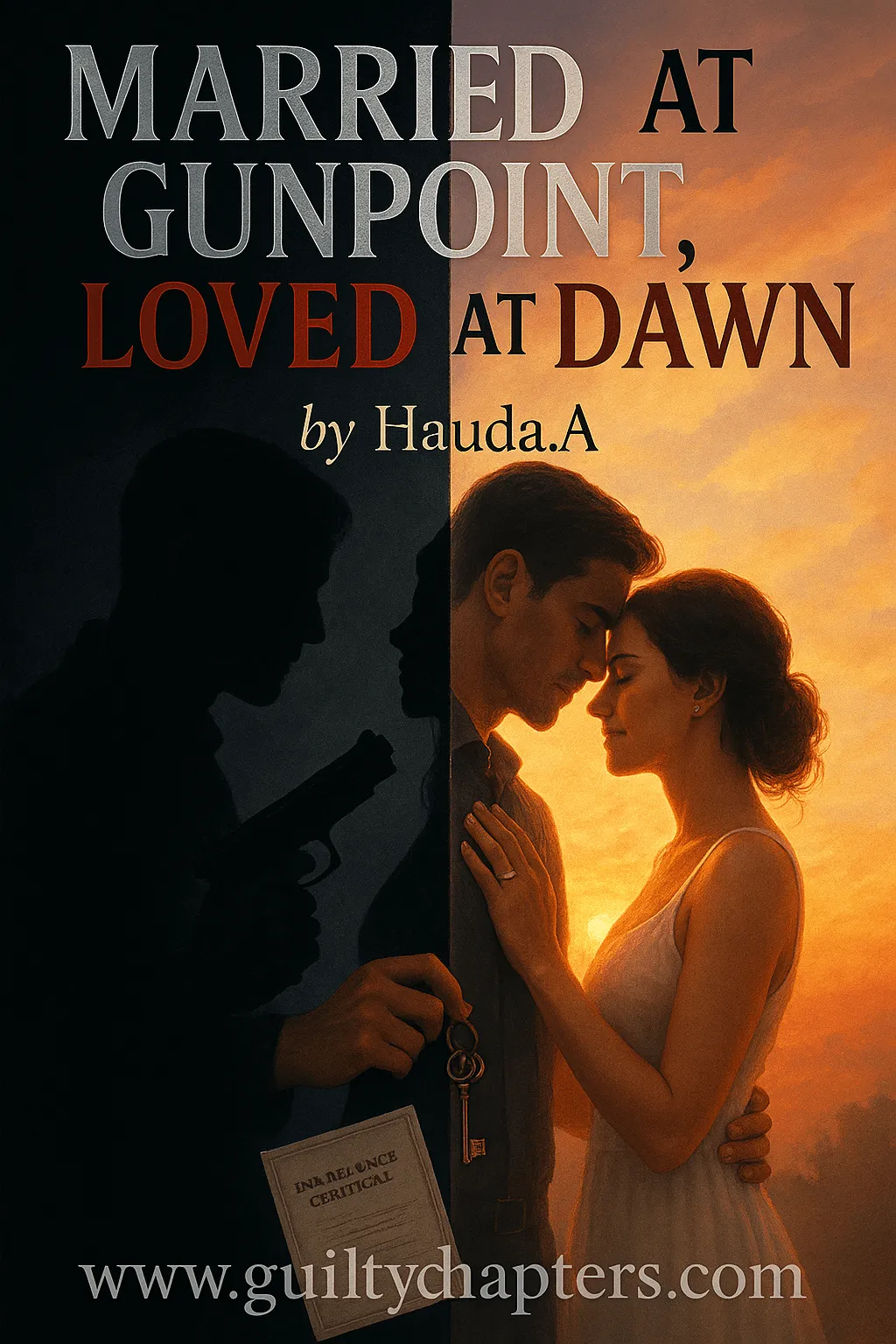 Compelling book cover for Married at Gunpoint, Loved at Dawn, a serialized contemporary romance, marriage drama, dark romance story on Guilty Chapters.
