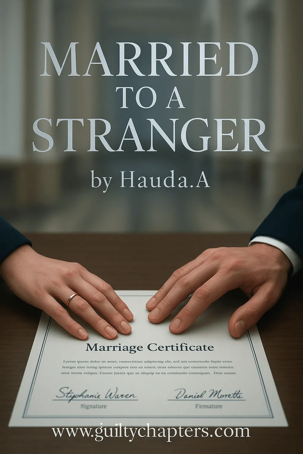 Compelling book cover for Married to a Stranger, a serialized marriage drama story on Guilty Chapters.