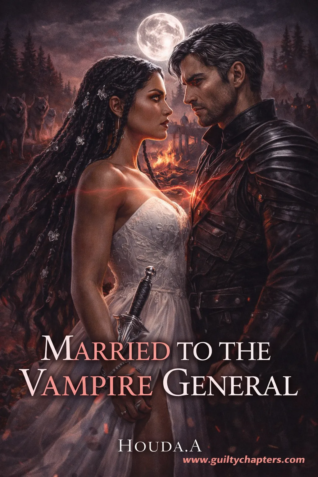 Compelling book cover for Married to the Vampire General, a serialized marriage drama, paranormal fantasy story on Guilty Chapters.