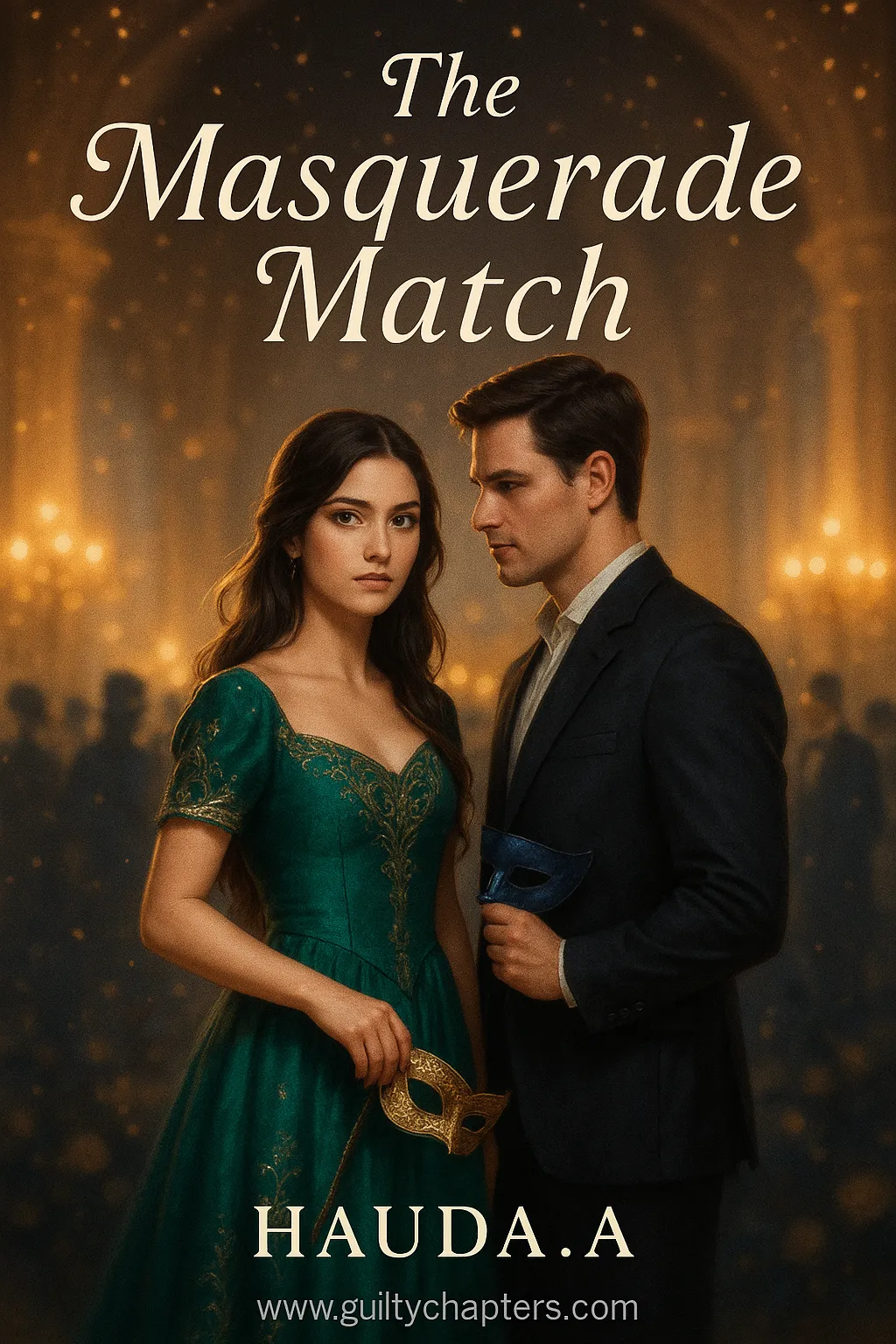 Compelling book cover for The Masquerade Match, a serialized contemporary romance story on Guilty Chapters.