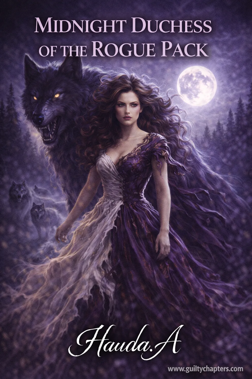 Dark paranormal romance aesthetic for Midnight Duchess of the Rogue Pack, featuring a mysterious woman in a gothic gown standing in a moonlit forest with wolf shifter silhouettes.