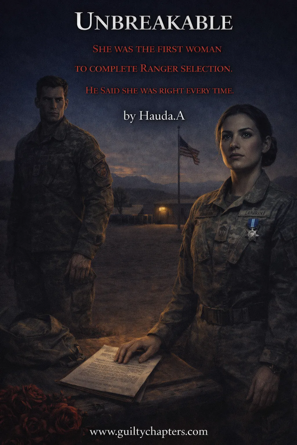 Military romance scene with female soldier and commanding officer at base, respect turning into love