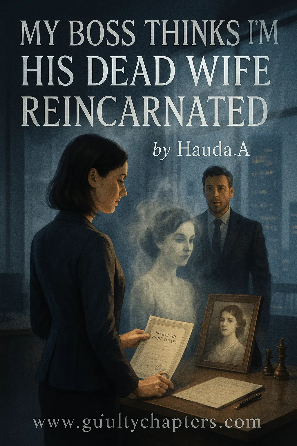 Compelling book cover for My Boss Thinks I'm His Dead Wife Reincarnated, a serialized marriage drama, billionaire romance, dark romance story on Guilty Chapters.