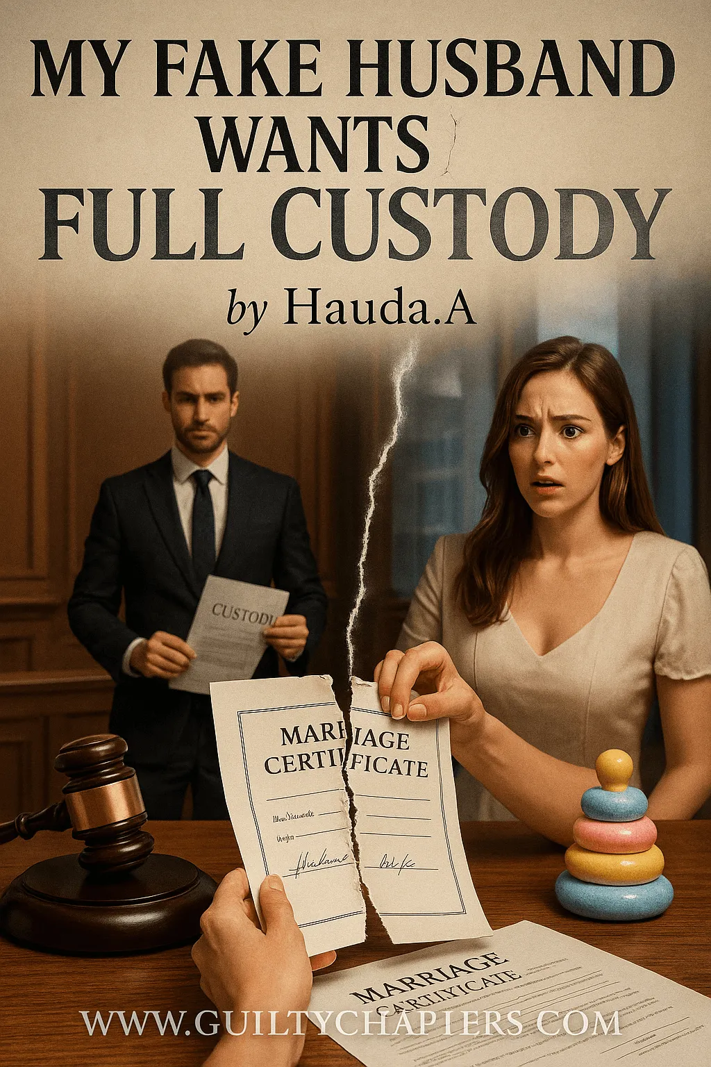 Compelling book cover for My Fake Husband Wants Full Custody, a serialized fake marriage, marriage drama story on Guilty Chapters.