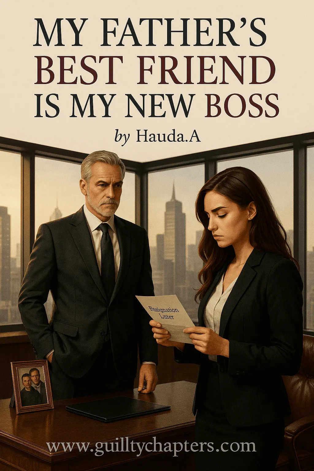 Compelling book cover for My Father's Best Friend Is My New Boss, a serialized billionaire romance, forbidden romance story on Guilty Chapters.