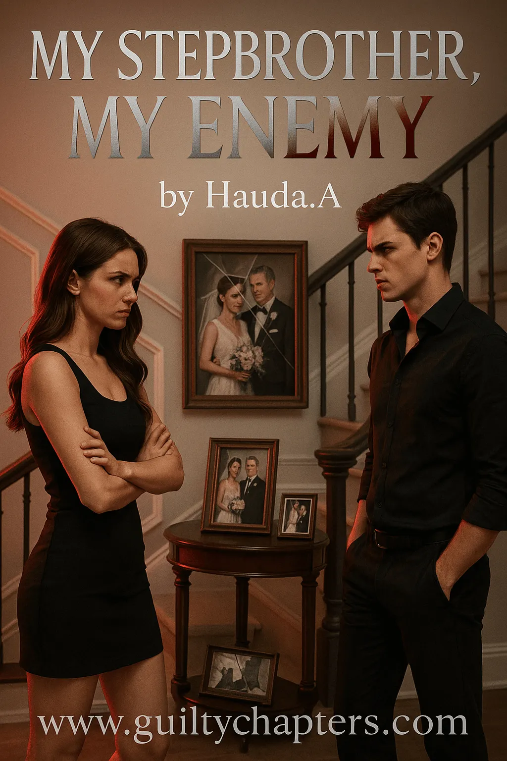 Compelling book cover for My Stepbrother, My Enemy, a serialized forbidden romance story on Guilty Chapters.