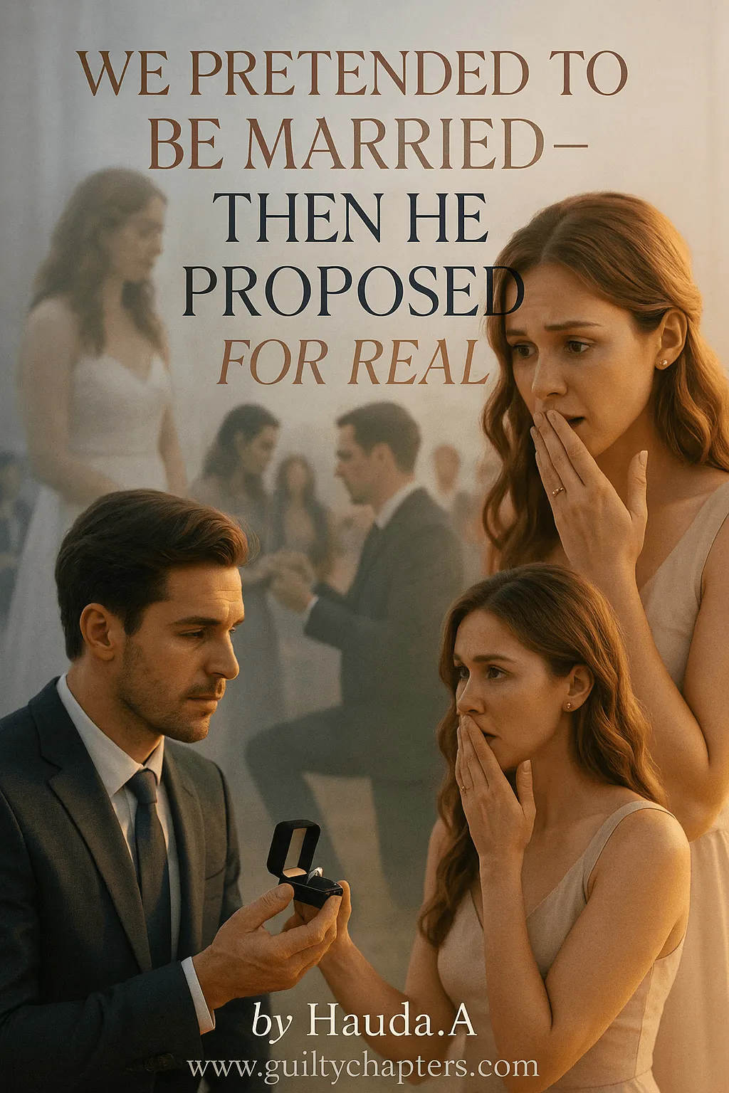 Compelling book cover for We Pretended to Be Married Then He Proposed for Real, a serialized marriage drama story on Guilty Chapters.