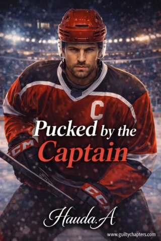 Steamy hockey romance book graphic for 'Pucked by the Captain' on Guilty Chapters, featuring a protective NHL captain hero and a forbidden teammates-sister or rivals-to-lovers sports trope.