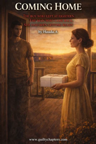 Small town romance scene with returning soldier and woman holding bakery box on farmhouse porch