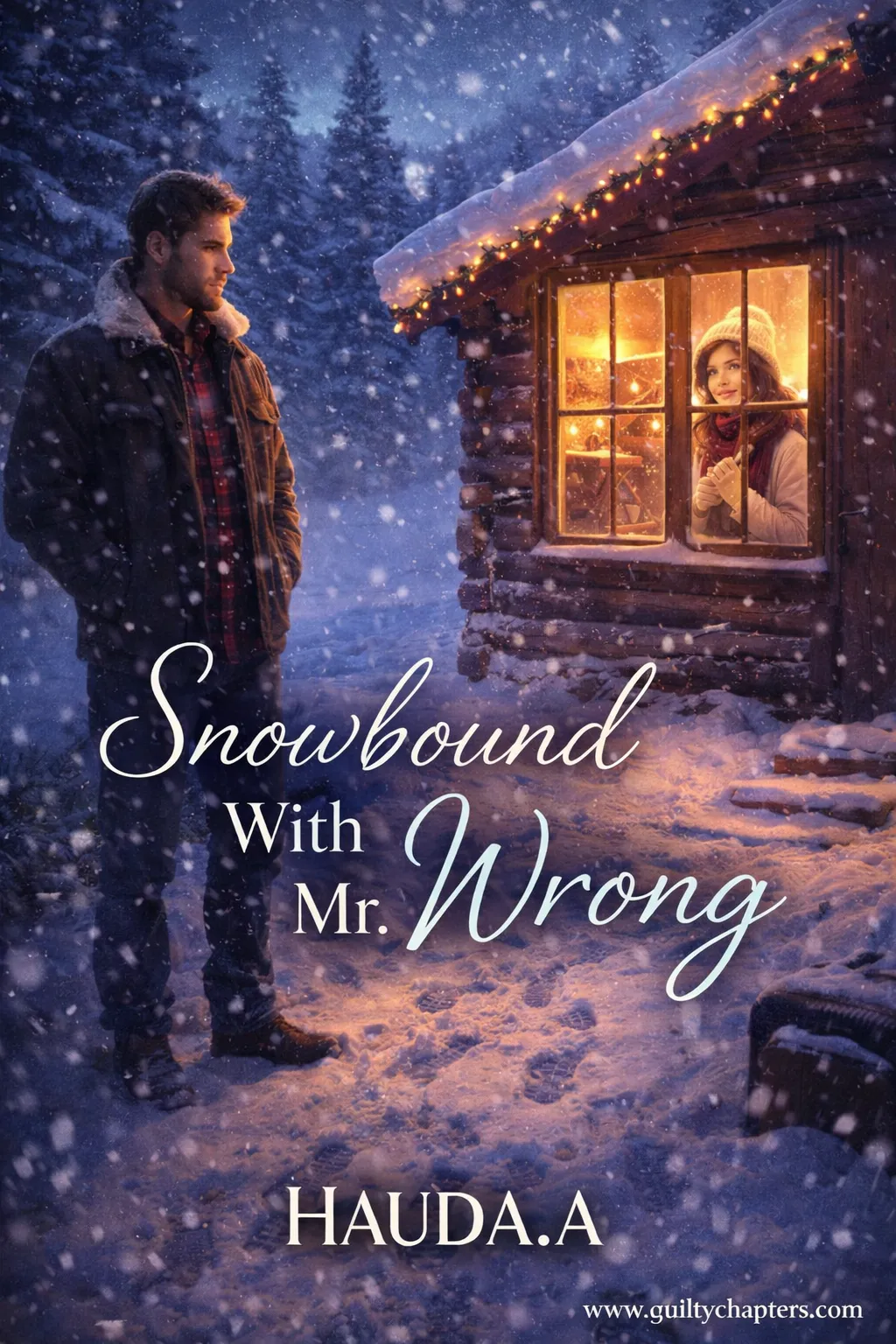 Compelling book cover for Snowbound with Mr. Wrong, a serialized contemporary romance story on Guilty Chapters.