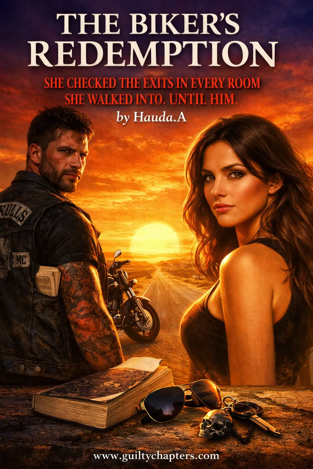 Moody MC romance book cover for 'The Biker's Redemption' on Guilty Chapters, featuring a rugged biker hero and a second-chance outlaw motorcycle club trope.