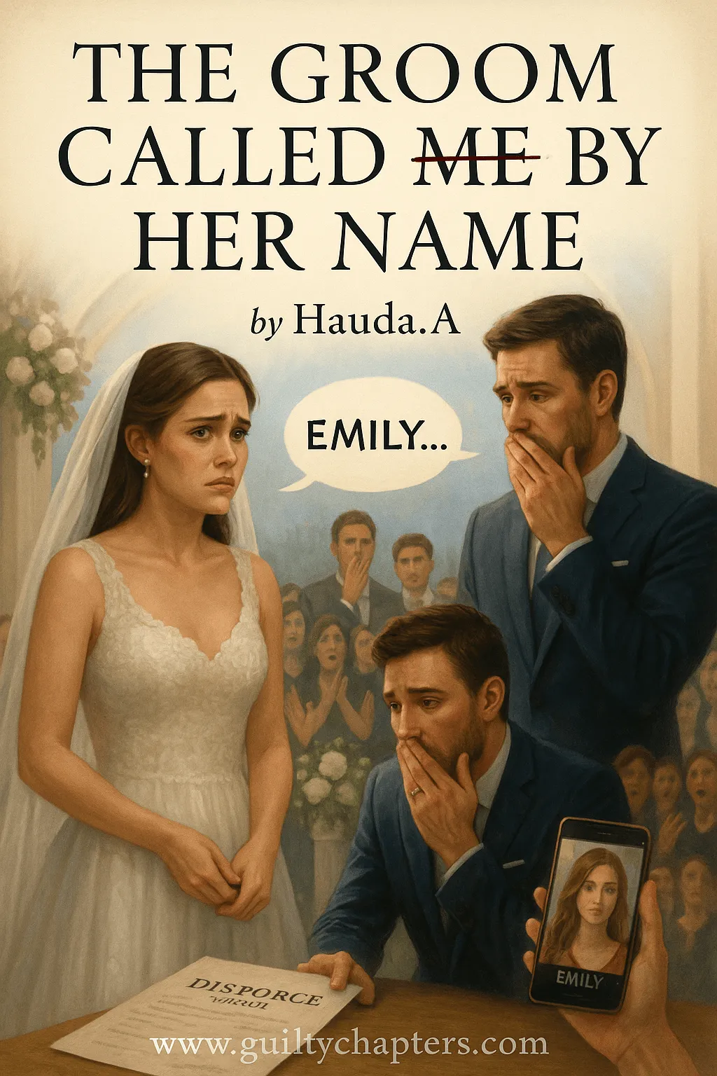 Compelling book cover for The Groom Called Me by Her Name, a serialized marriage drama story on Guilty Chapters.