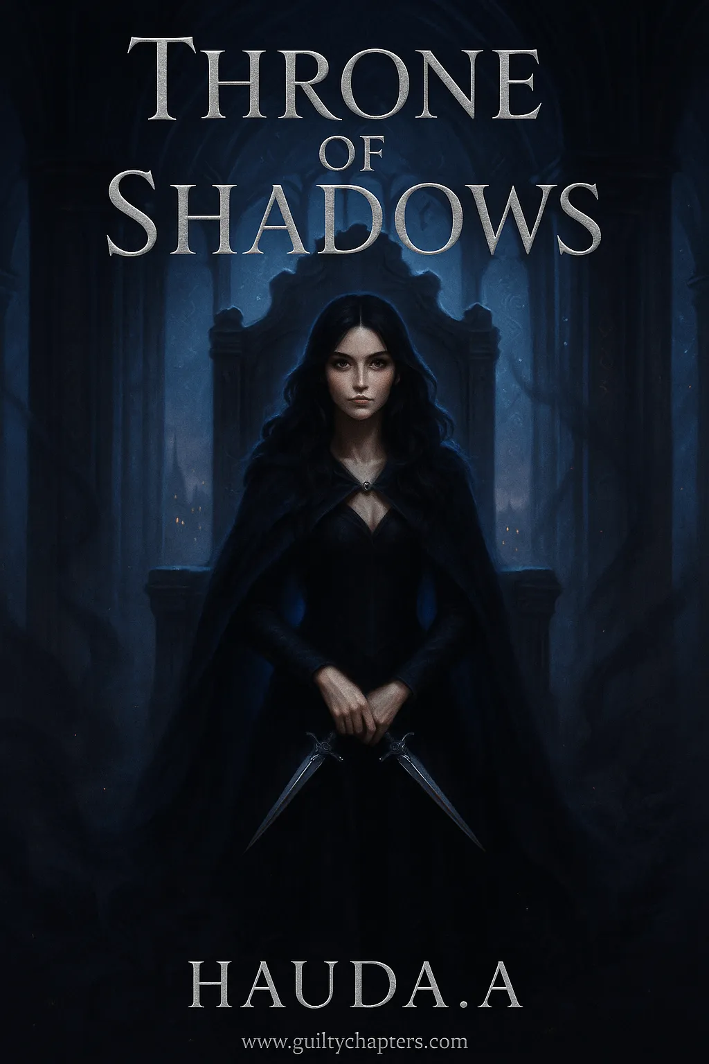 Compelling book cover for Throne of Shadows, a serialized paranormal fantasy story on Guilty Chapters.