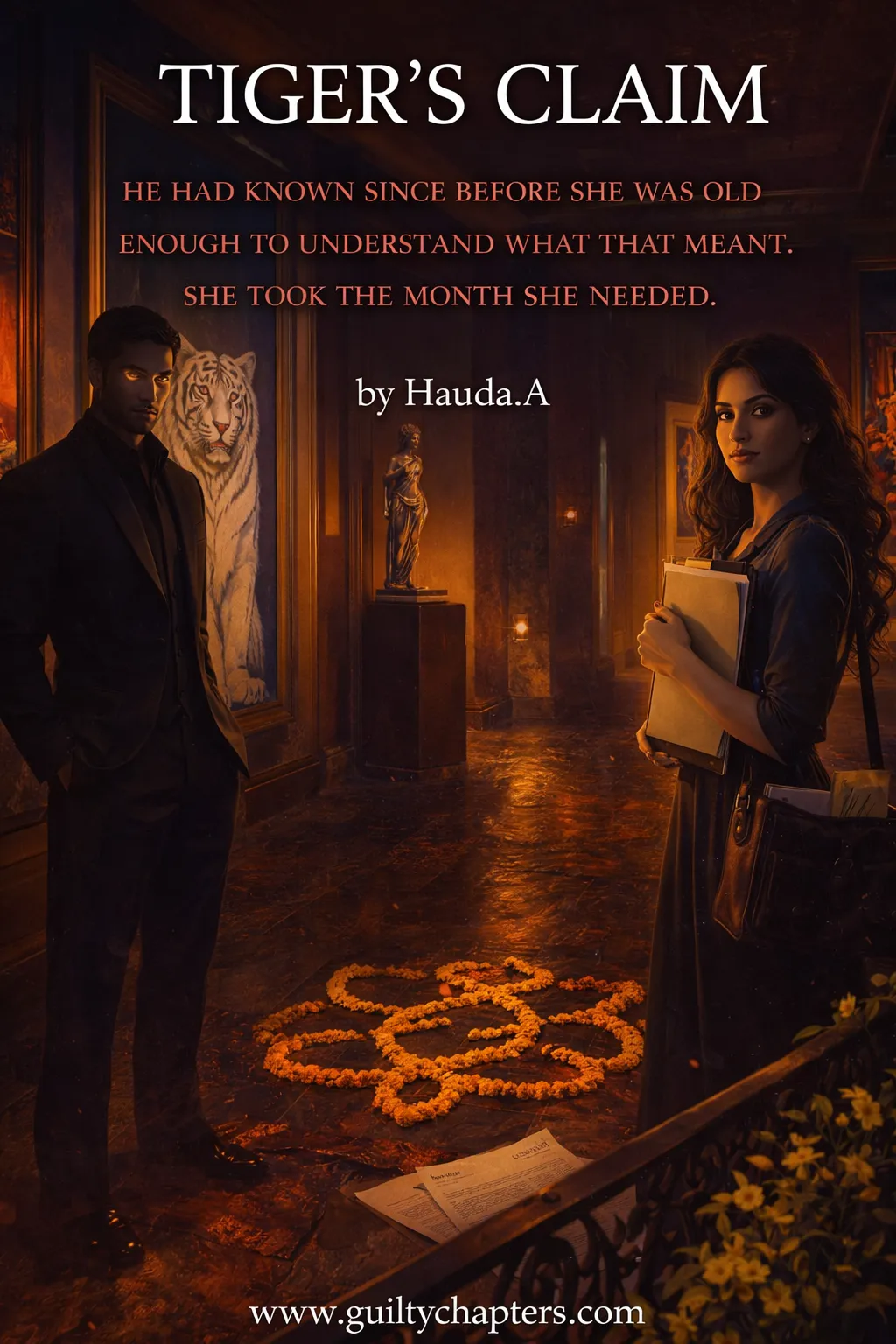 Tiger shifter romance scene in art gallery with curator and powerful man, fated mates tension