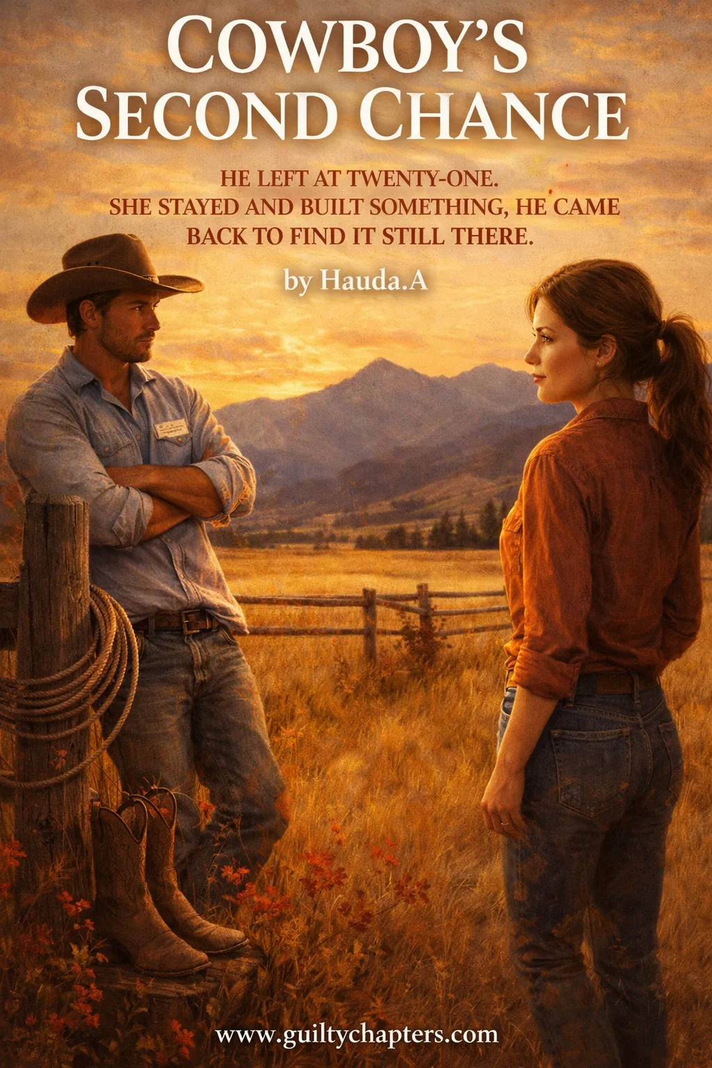 Western romance scene at ranch fence with cowboy and woman reconnecting, second chance love story