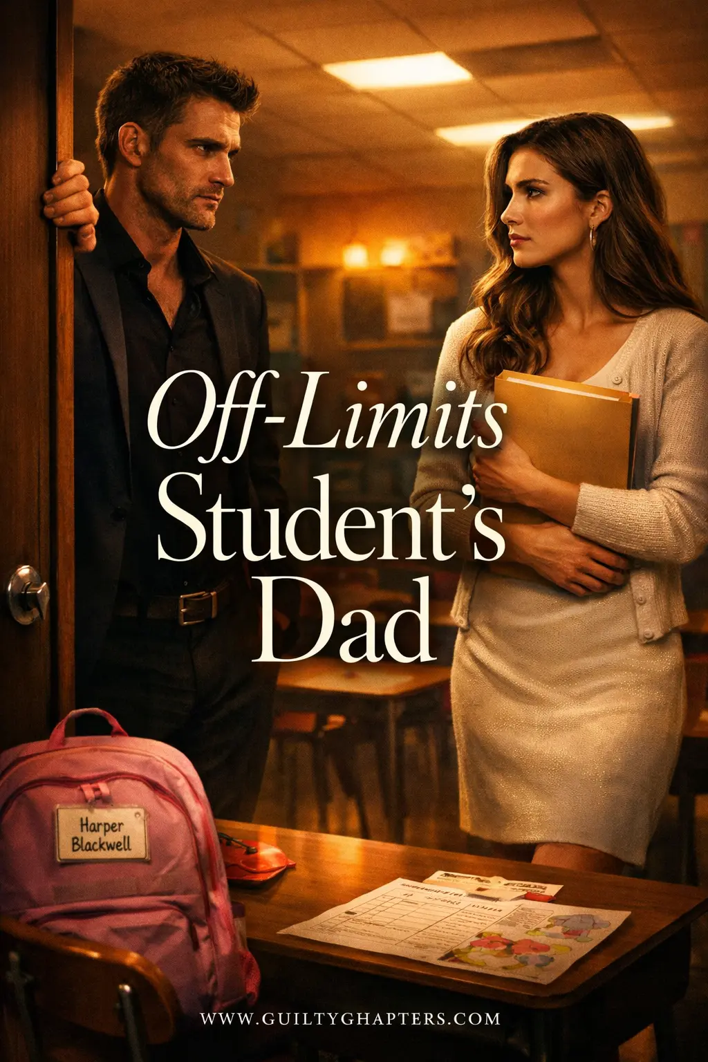 A romance novel book cover titled "Off Limits Student's Dad," featuring a mature, sophisticated man and a dramatic, tension-filled forbidden romance aesthetic.